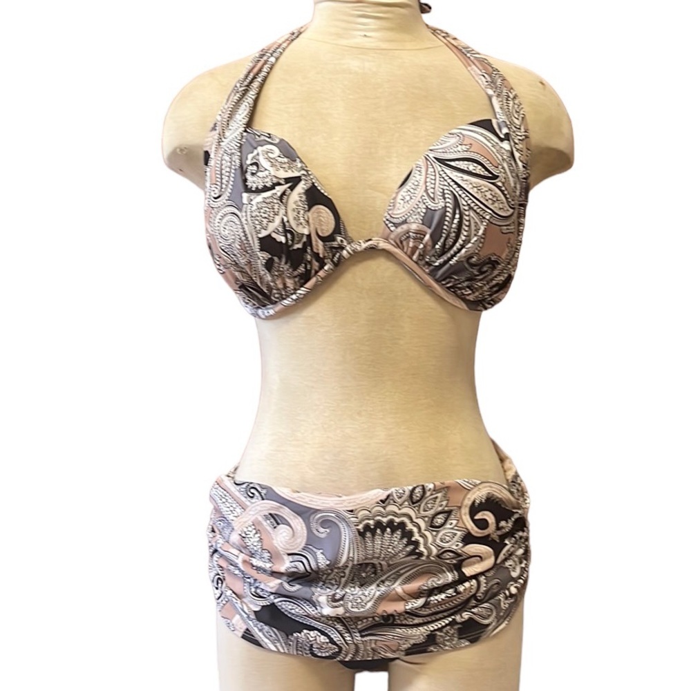 Venus Bikini Swimsuit Brown Black Paisley Skirted 12 DDD